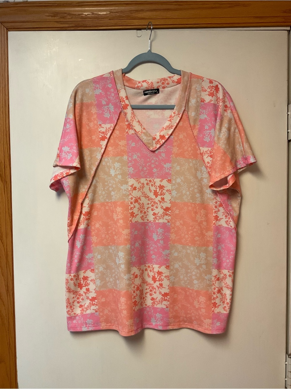 Vibrant Patchwork Pink & Peach V-Neck Top